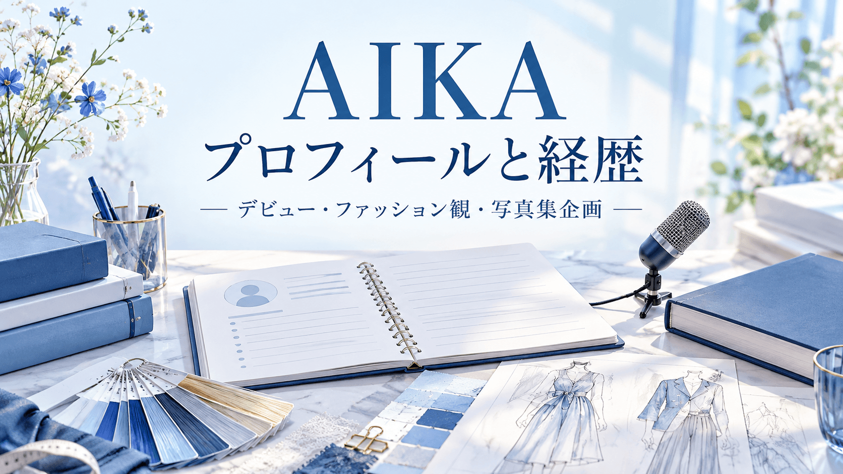 AIKAのプロフィールと経歴を紹介するイメージ。ノートやファッション資料、マイク、写真集企画を連想させる机上の風景