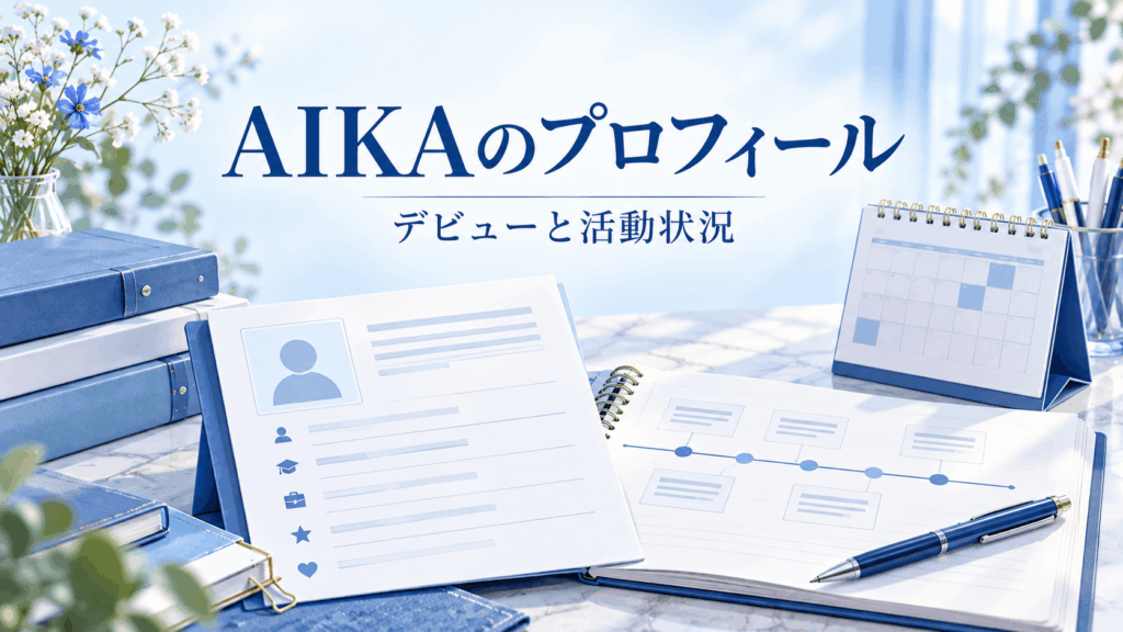 AIKAのプロフィールとデビュー後の活動を整理するイメージ。プロフィールカード、カレンダー、年表ノート