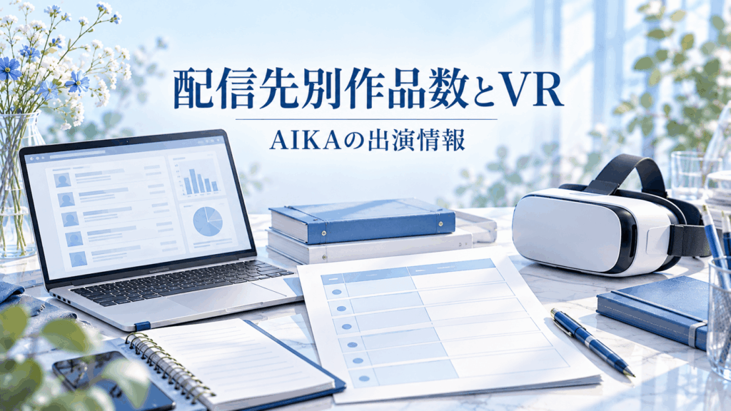 AIKAの配信先別作品数とVR出演情報を整理するイメージ。ノートPC、作品数の比較表、VRヘッドセット