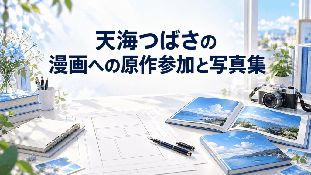 天海つばさの漫画への原作参加と写真集活動を表すコマ割り用紙と写真集、カメラ