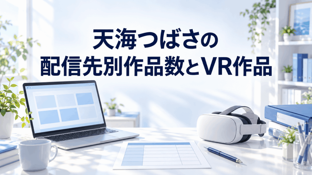 天海つばさの配信先別作品数とVR作品を整理する表とノートPC、VRヘッドセット