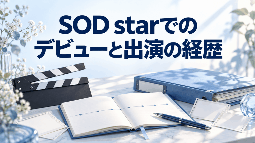 SOD starでのデビューと出演の経歴をイメージしたカチンコ、年表ノート、資料ファイルのイラスト