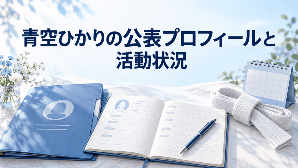 青空ひかりの公表プロフィールと活動状況をイメージした資料ファイル、ノート、空手の帯のイラスト