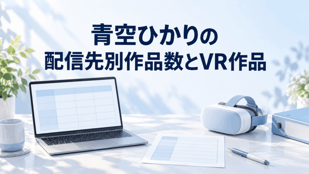 青空ひかりの配信先別作品数とVR作品を整理するノートPC、作品数表の資料、VRヘッドセットのイラスト