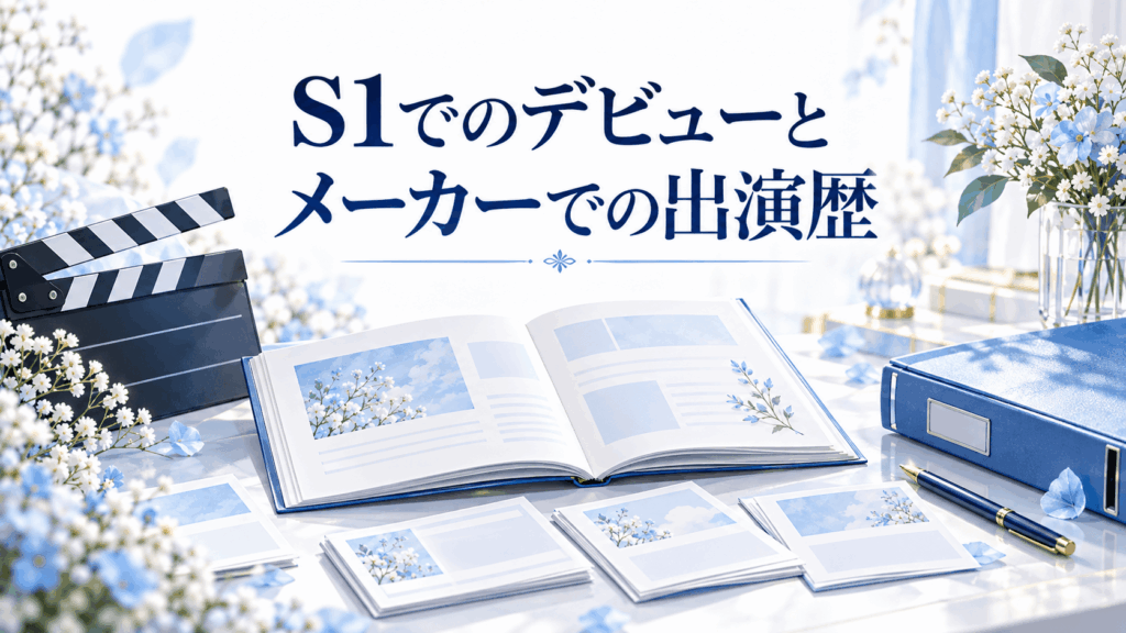 S1でのデビューとメーカーでの出演歴を紹介するイメージ画像。カチンコ、経歴ノート、作品資料カード