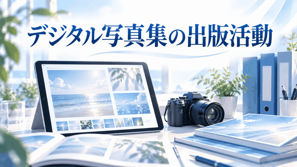 デジタル写真集の出版活動を紹介するイメージ画像。電子写真集を表示したタブレット、カメラ、資料ファイル