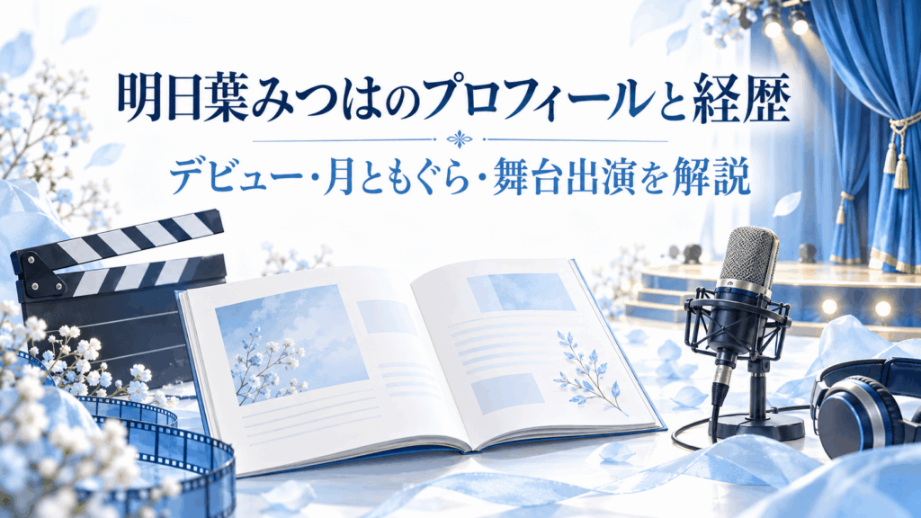 明日葉みつはのプロフィールと経歴を紹介するイメージ画像。映像用カチンコ、ラジオマイク、舞台、プロフィール冊子