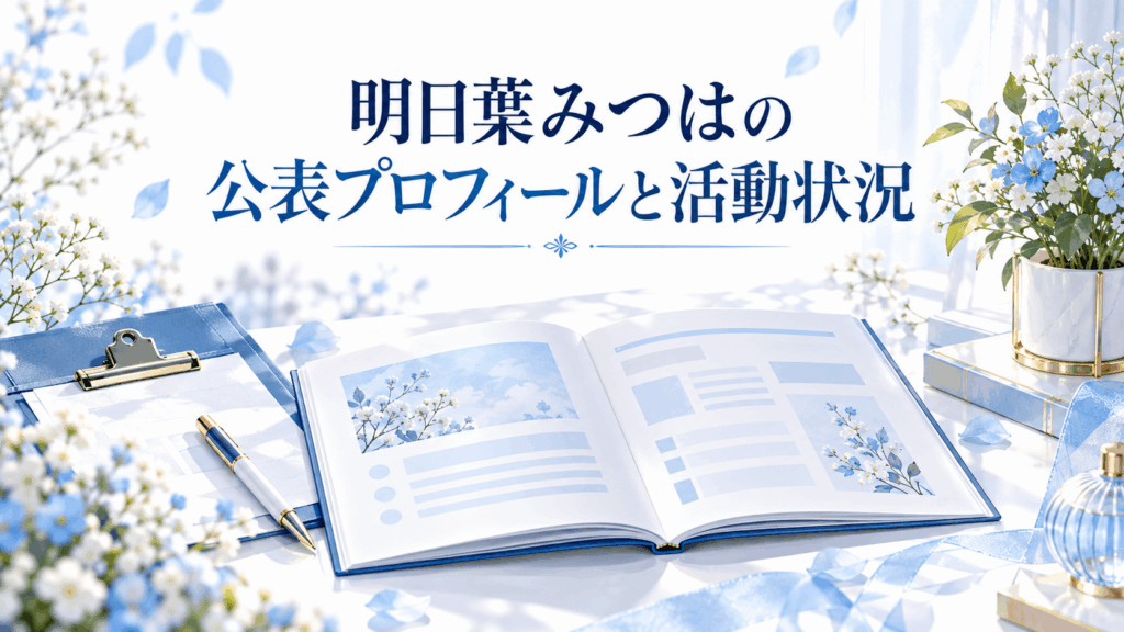 明日葉みつはの公表プロフィールと活動状況を整理するイメージ画像。プロフィール冊子、クリップボード、ペン