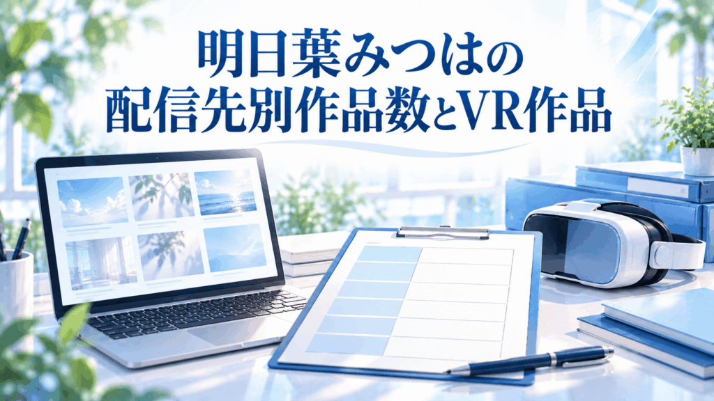 明日葉みつはの配信先別作品数とVR作品を整理するイメージ画像。ノートPC、6項目の一覧表、VRヘッドセット