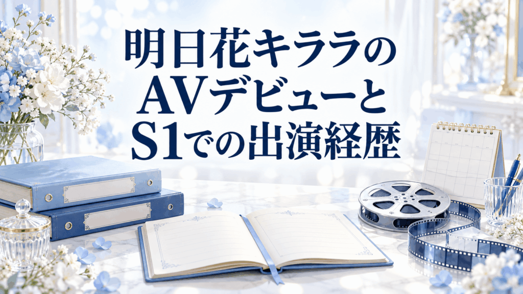 経歴ノートとフィルムリールで明日花キララのAVデビューとS1での出演経歴を表したイメージ