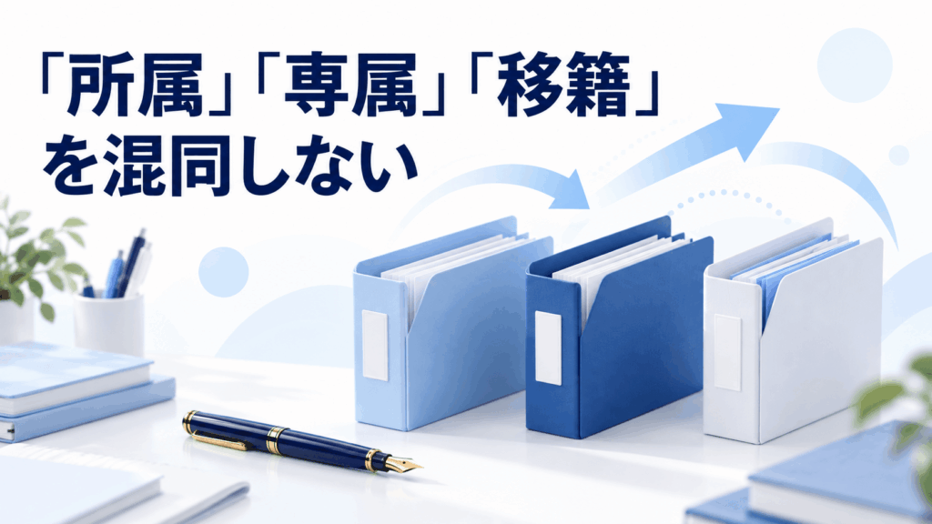 所属・専属・移籍の違いを整理する書類フォルダー