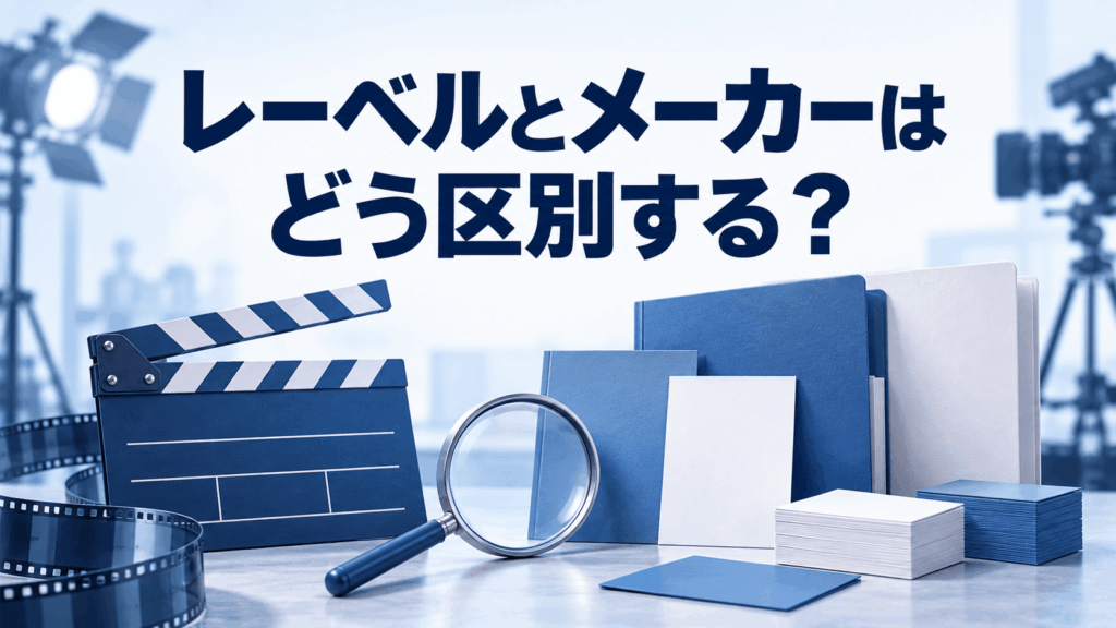 レーベルとメーカーの違いを確認するカチンコ・カード・虫眼鏡