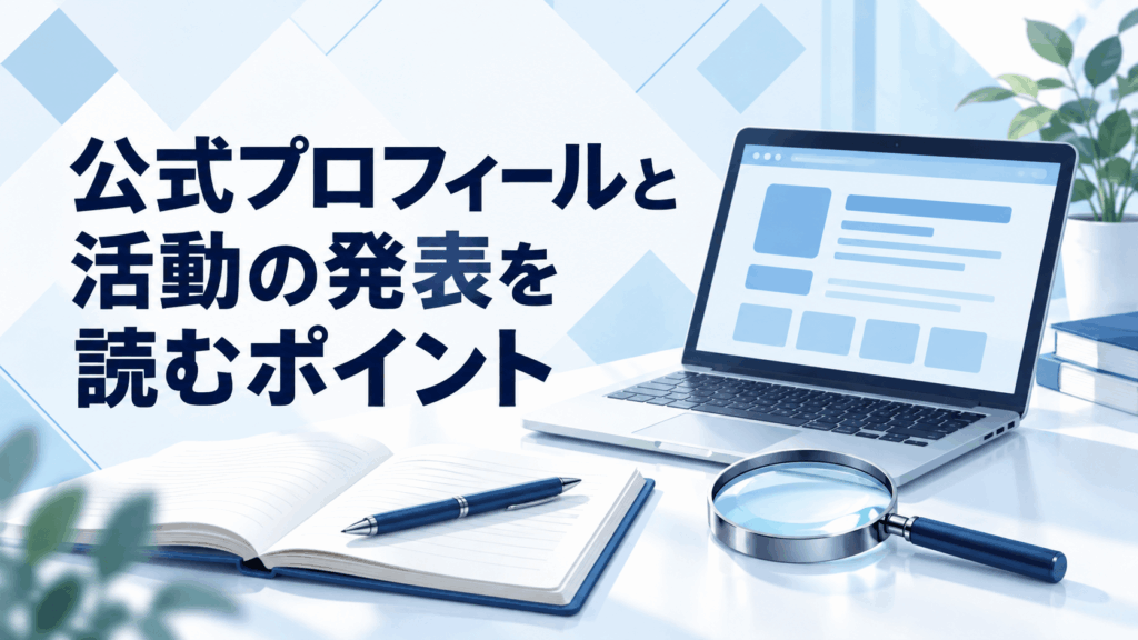 公式プロフィールと活動の発表を確認するノートパソコンとノート