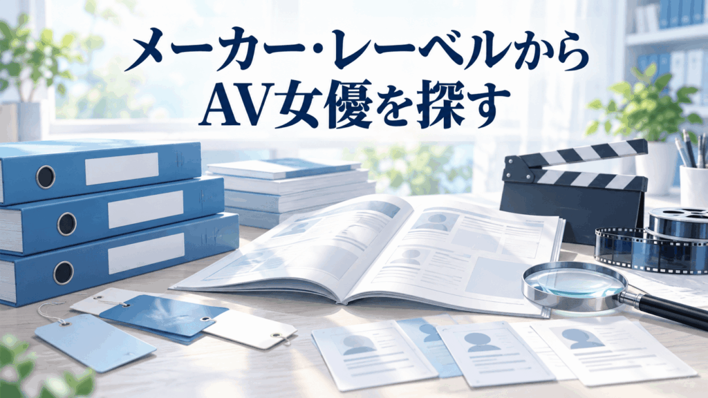 メーカー・レーベルからAV女優を探す方法を表す資料フォルダー、作品カタログ、プロフィールカードのイラスト