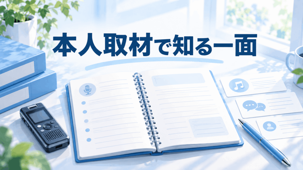 本人インタビューを整理する取材ノート、録音機、音符や吹き出しのカードを描いたイラスト
