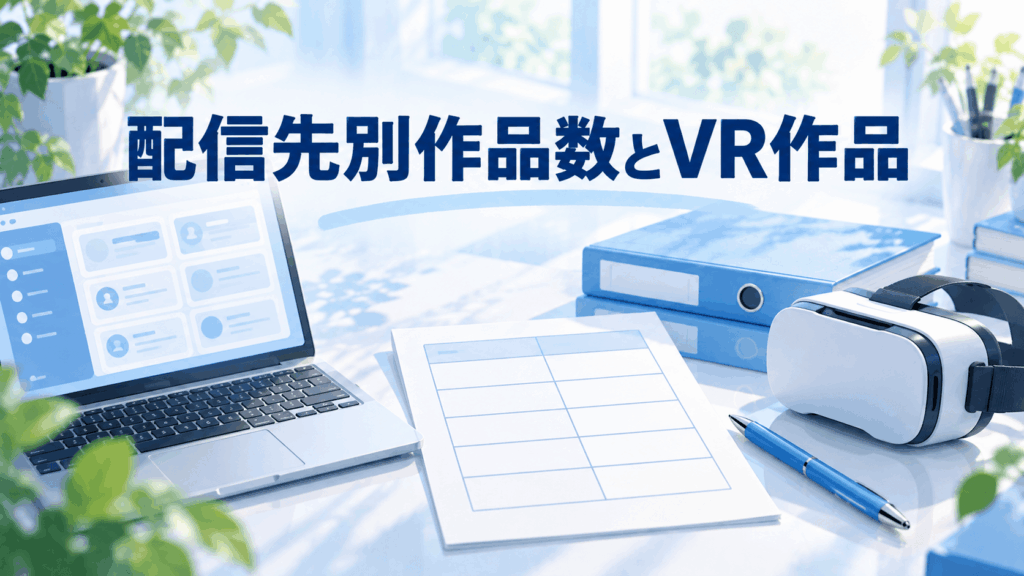 配信先別作品数とVR作品の情報を整理するノートPC、空欄の比較表、VRヘッドセットのイラスト