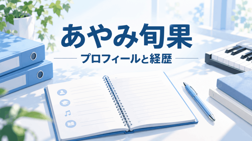 あやみ旬果のプロフィールと経歴を紹介するアイキャッチ画像。ノート、青い資料ファイル、鍵盤、書籍を配置したイラスト