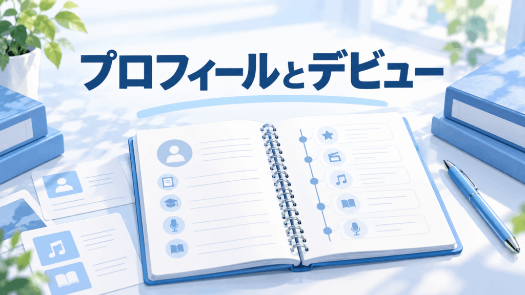 プロフィールノートと経歴を示す年表、資料カードを配置した青白のイラスト