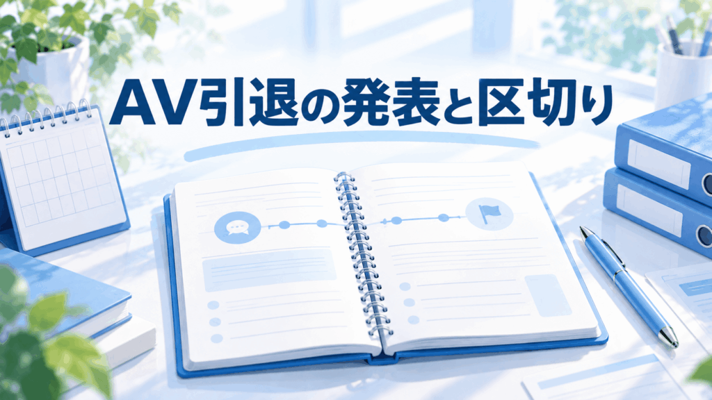 AV引退の発表から活動の区切りまでを、カレンダーとノート上の年表で表現したイラスト