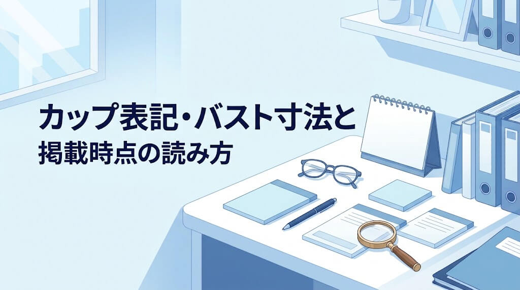 カップ表記やバスト寸法、掲載時点を読み分けるための資料とカレンダー、虫眼鏡