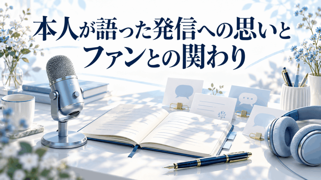 本人が語った発信への思いとファンとの関わりを表すマイク、ノート、メッセージカードのイラスト
