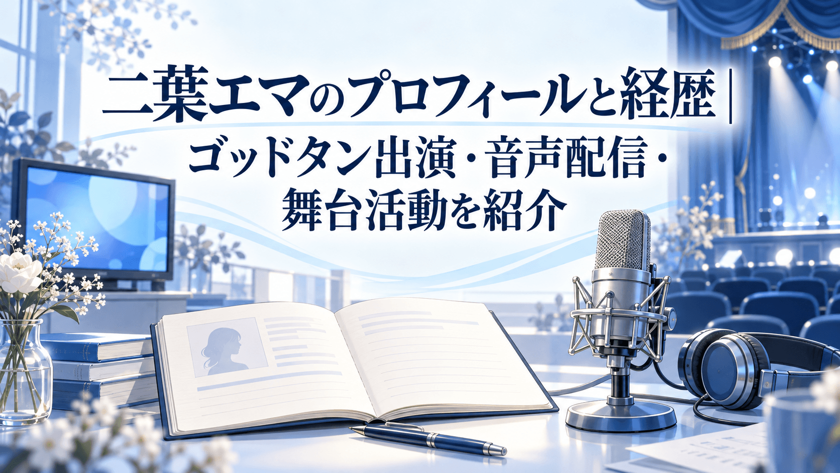 二葉エマのプロフィールと経歴、ゴッドタン出演・音声配信・舞台活動を紹介するイラスト