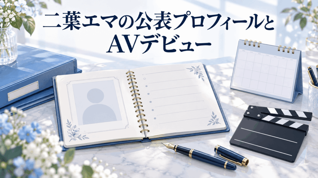 二葉エマの公表プロフィールとAVデビューを表すノート、カレンダー、カチンコのイラスト