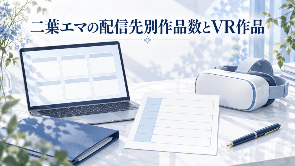 二葉エマの配信先別作品数とVR作品を整理するノートPC、6行の表、VRヘッドセットのイラスト