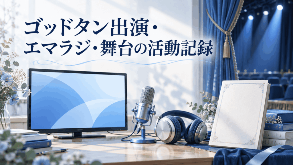 二葉エマのゴッドタン出演・エマラジ・舞台の活動記録を表すテレビ、マイク、舞台のイラスト