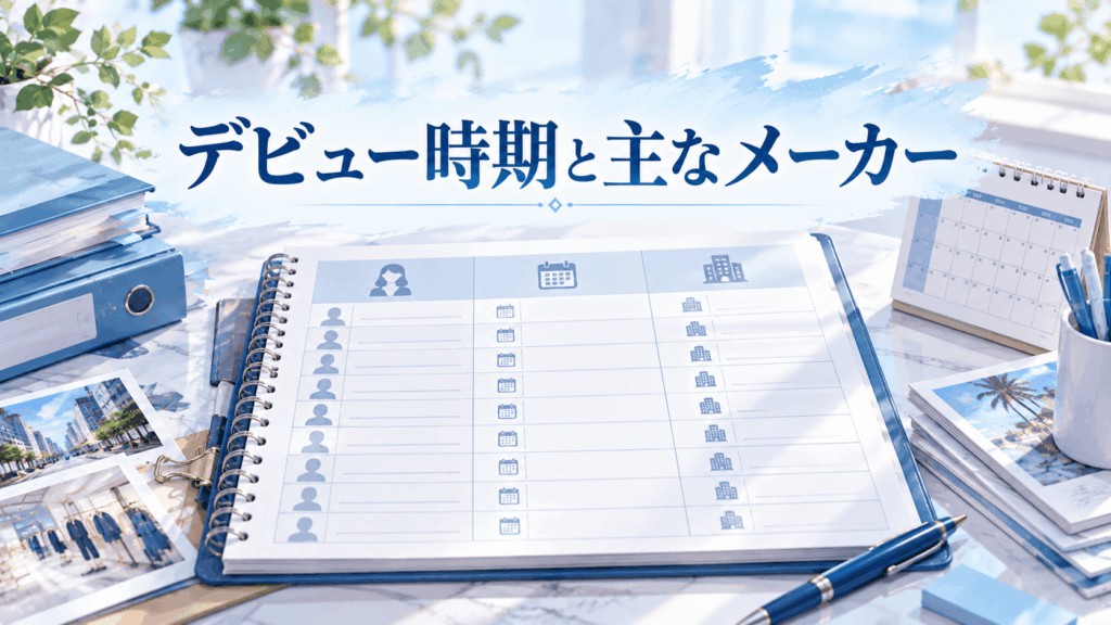 ギャルのAV女優のデビュー時期と主なメーカーを整理した資料ノートとカレンダーのイラスト
