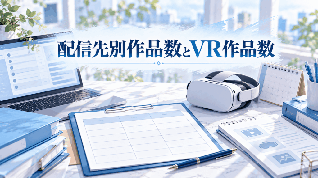 配信先別の作品数とVR作品数を確認する資料シート、ノートPC、VRヘッドセットのイラスト