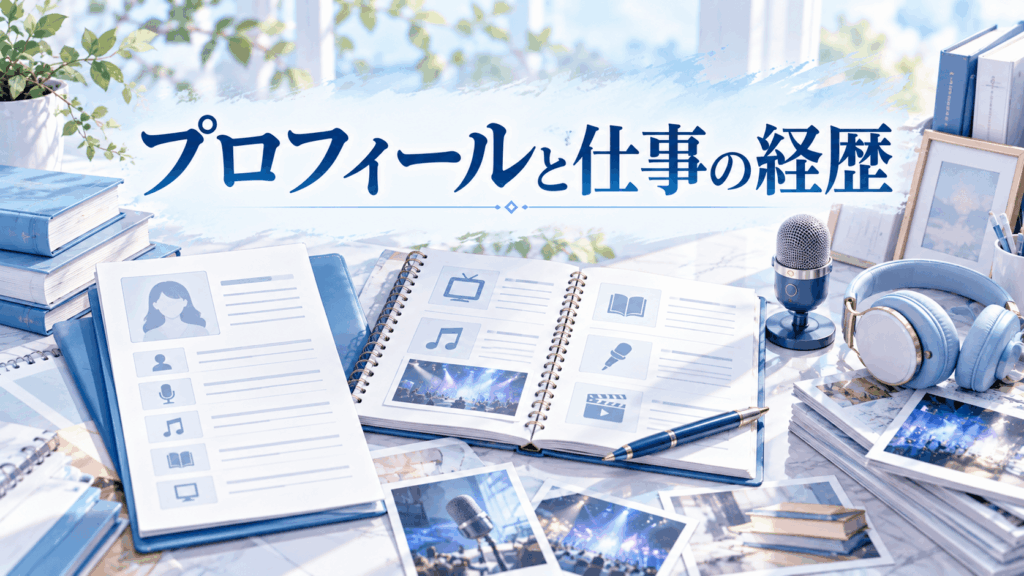 ギャルのAV女優のプロフィールと番組・音楽・出版などの仕事の経歴を整理した資料のイラスト