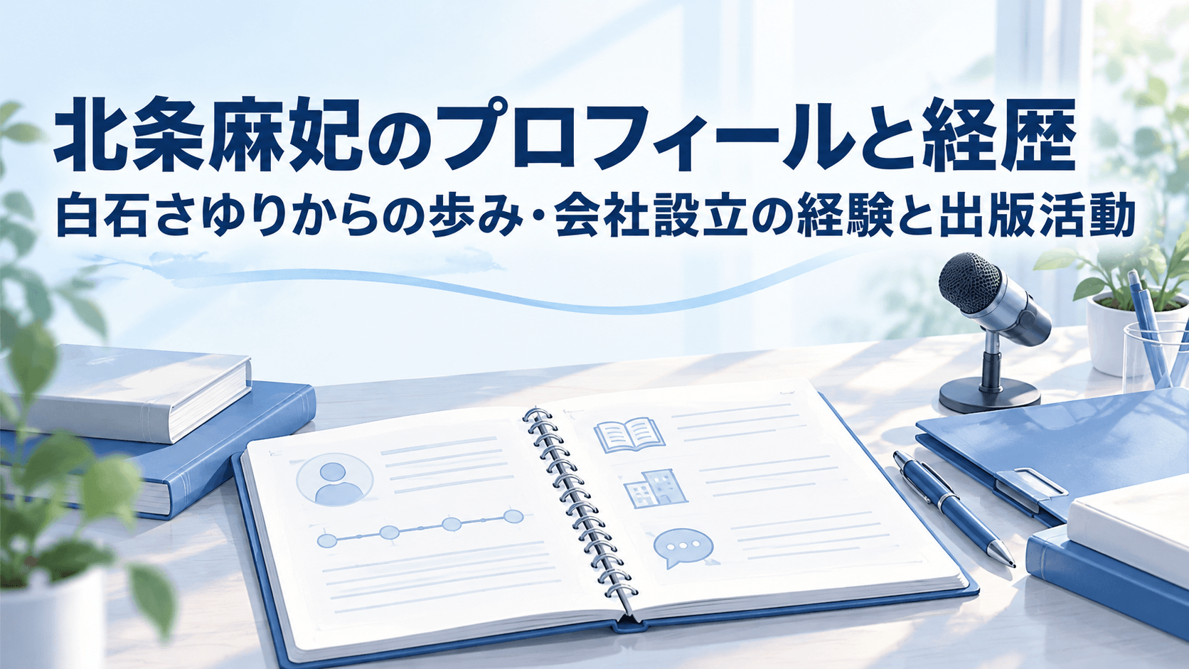 北条麻妃のプロフィールと経歴を紹介するイメージ。ノートや書籍、マイクを配置した机上の風景