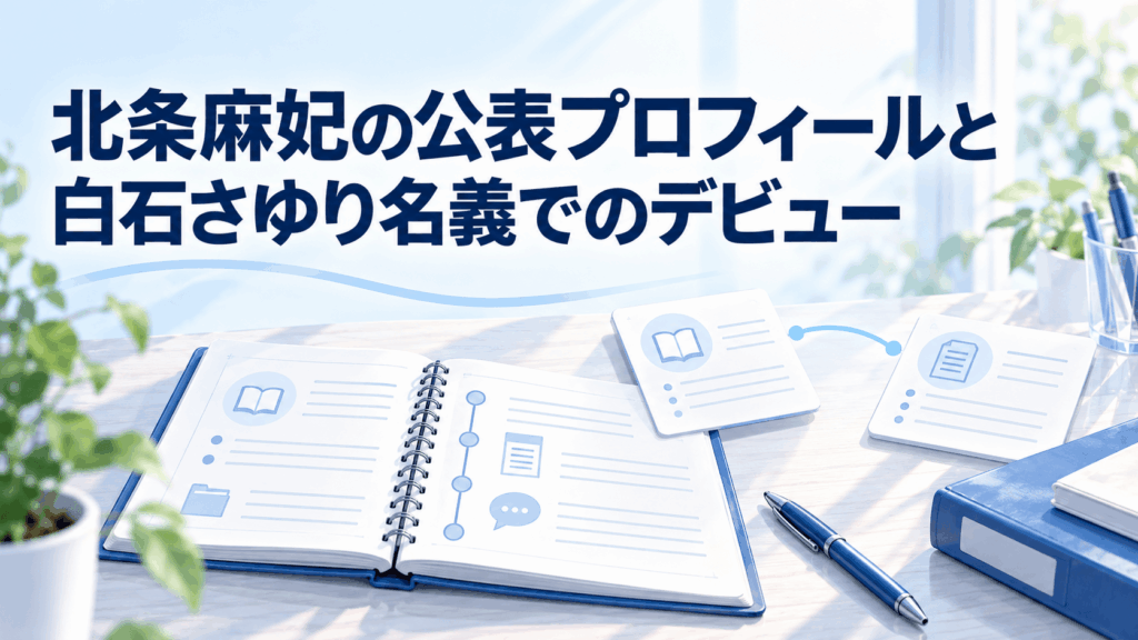 北条麻妃の公表プロフィールと白石さゆり名義でのデビューを整理するノートと2枚のカード