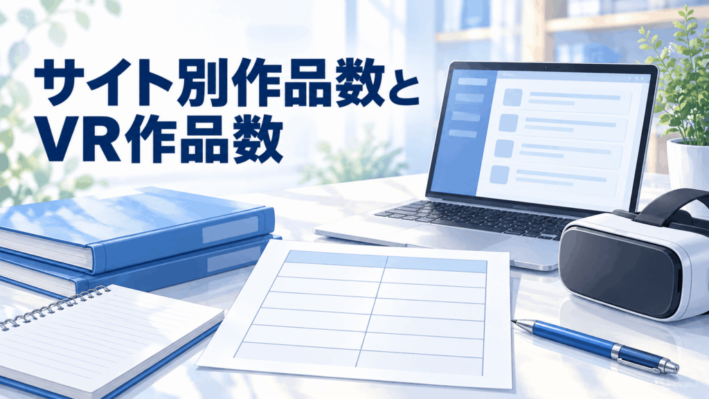 北条麻妃のサイト別作品数とVR作品数を整理する資料シート、ノートPC、VRヘッドセット