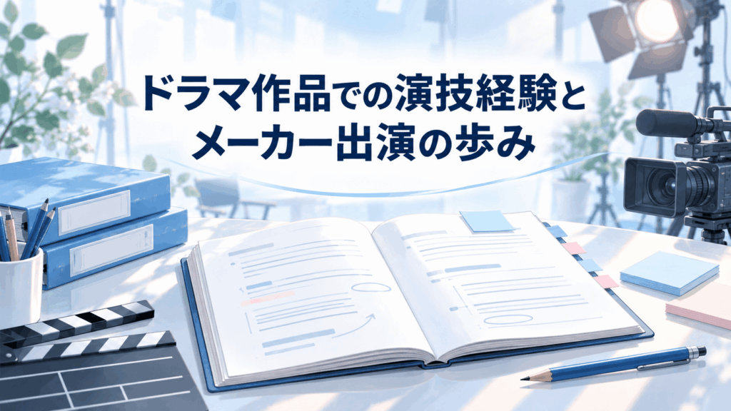 ドラマ作品での演技経験とメーカー出演の歩みを台本や撮影機材で表現したイラスト