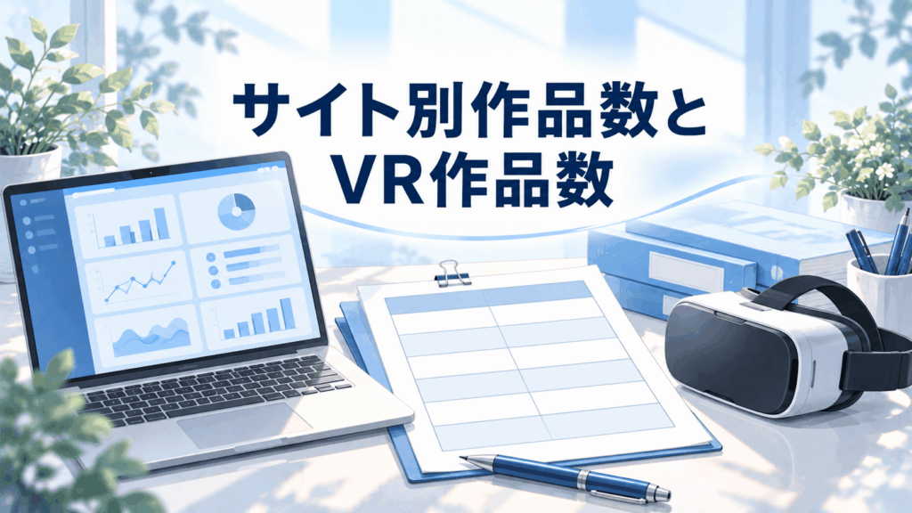 一条綺美香のサイト別作品数とVR作品数を資料やVRヘッドセットで表現したイラスト