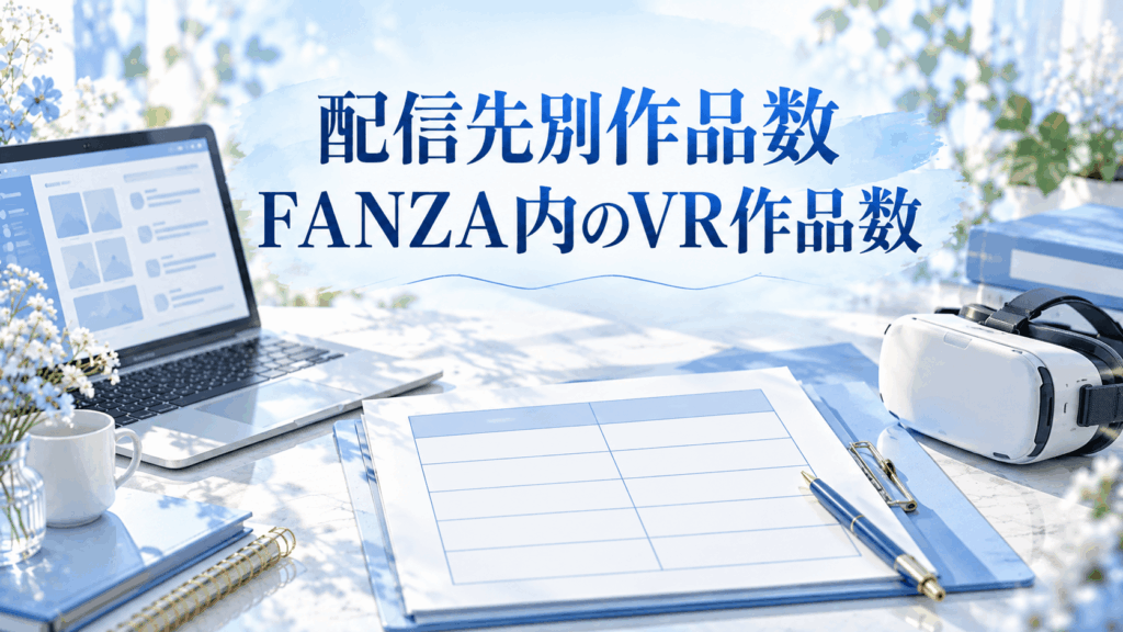 今井夏帆の配信先別作品数とFANZA内のVR作品数を整理するイメージ。ノートパソコン、集計表、VRヘッドセットを配置
