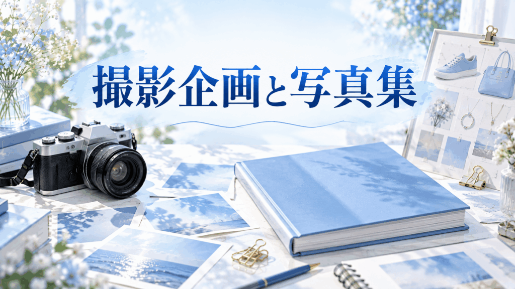 今井夏帆の撮影企画と写真集を紹介するイメージ。カメラ、青い写真集、撮影資料を配置