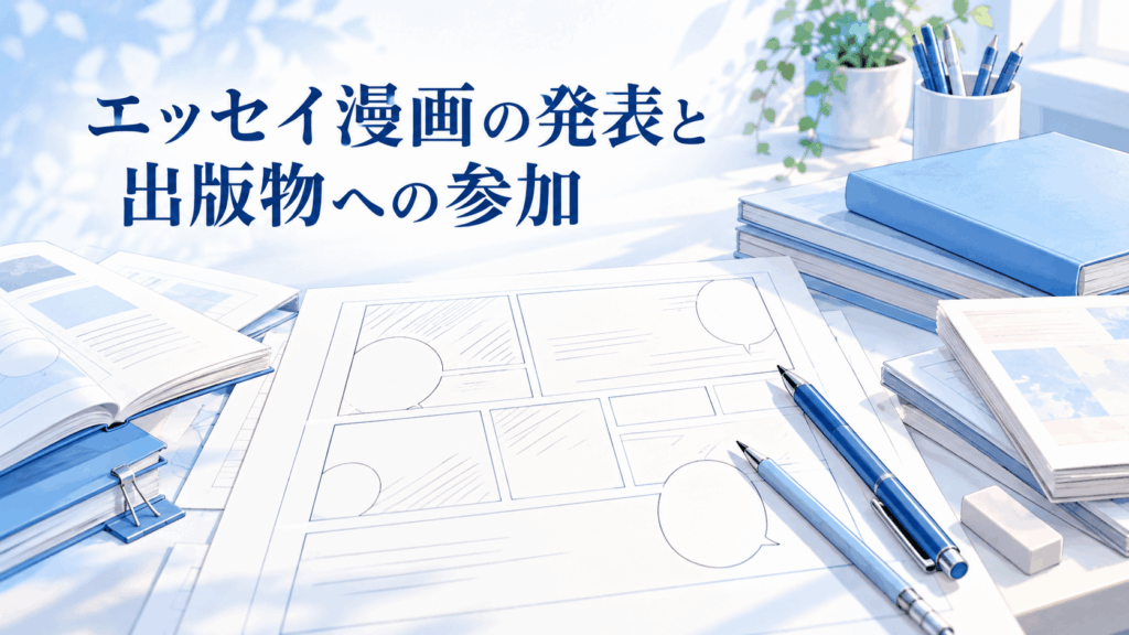 井上綾子のエッセイ漫画の発表と出版活動をイメージした漫画原稿と書籍、執筆道具のイラスト