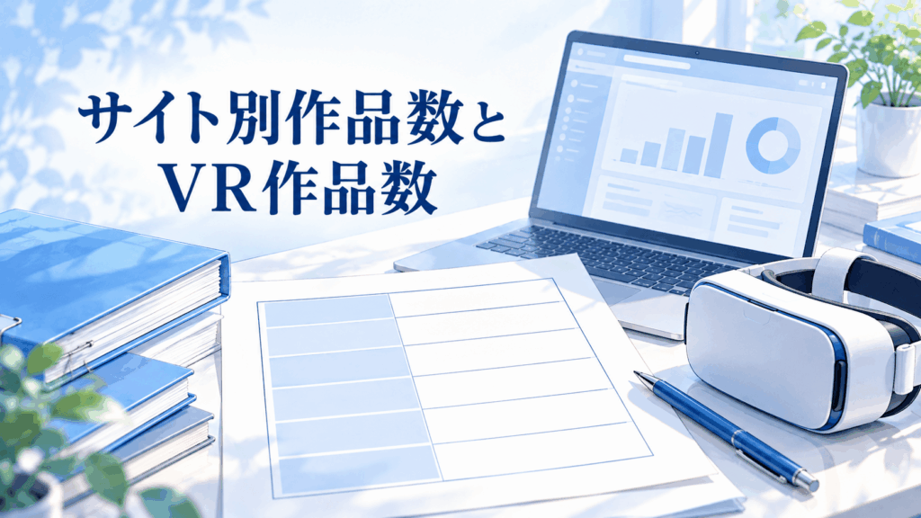 井上綾子のサイト別作品数とVR作品数を整理する資料シート、ノートPC、VRヘッドセットのイラスト