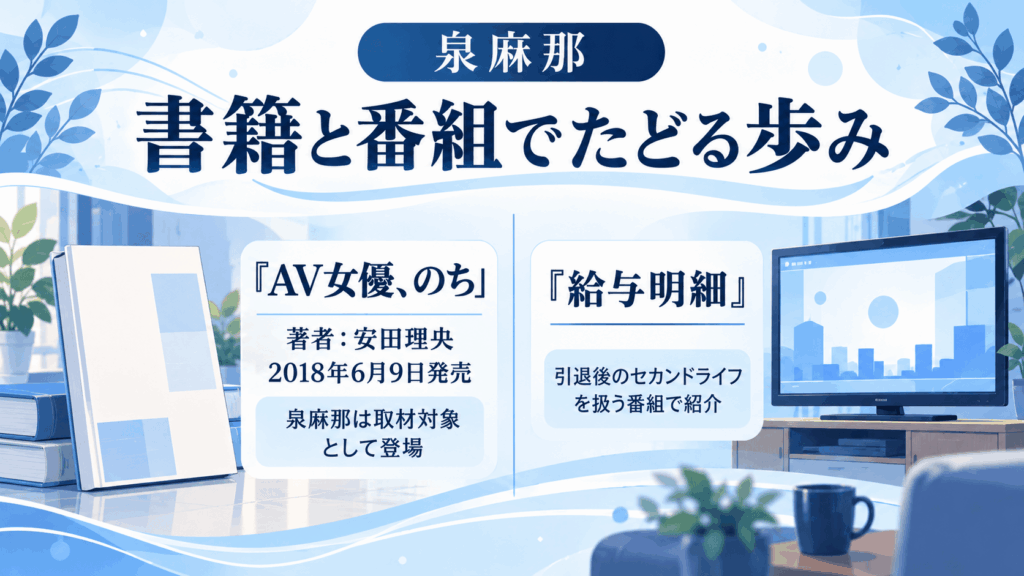 泉麻那が取材対象として登場する安田理央の書籍『AV女優、のち』と、引退後のセカンドライフを紹介した番組『給与明細』の案内図