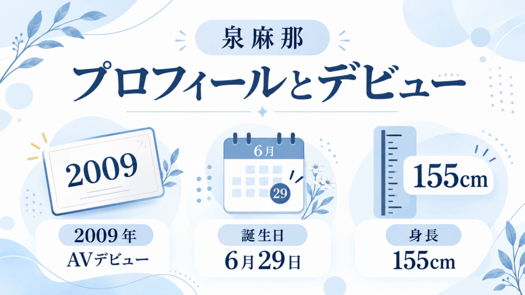 泉麻那の公表プロフィールと2009年のAVデビューを紹介する図解。誕生日6月29日、身長155cmを掲載