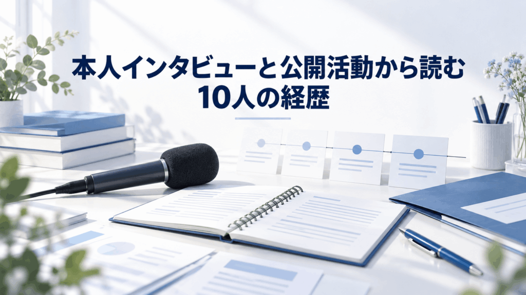本人インタビューと公開活動から10人の経歴をたどるノートとマイク