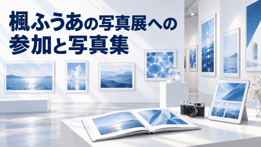 楓ふうあの写真展への参加と写真集を紹介する、写真ギャラリーとフォトブックのイラスト