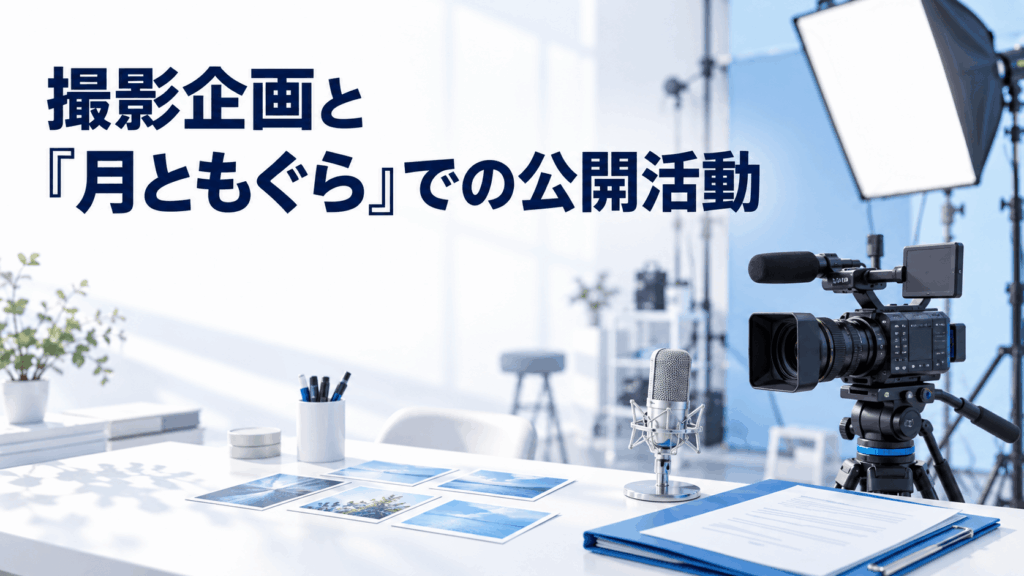 楓ふうあの撮影企画と『月ともぐら』での公開活動を表す、カメラとマイクのあるスタジオのイラスト