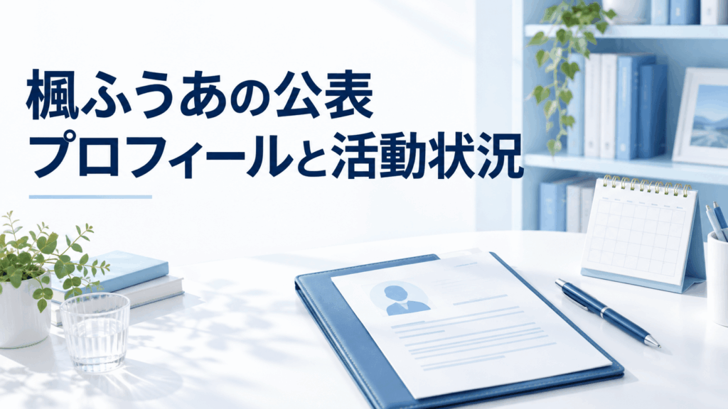 楓ふうあの公表プロフィールと活動状況を紹介する、プロフィール資料と青いファイルのイラスト