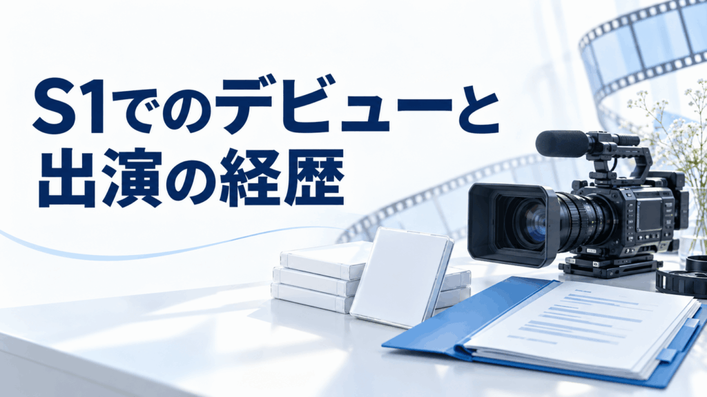 楓ふうあのS1でのデビューと出演の経歴を表す、ビデオカメラと作品資料のイラスト
