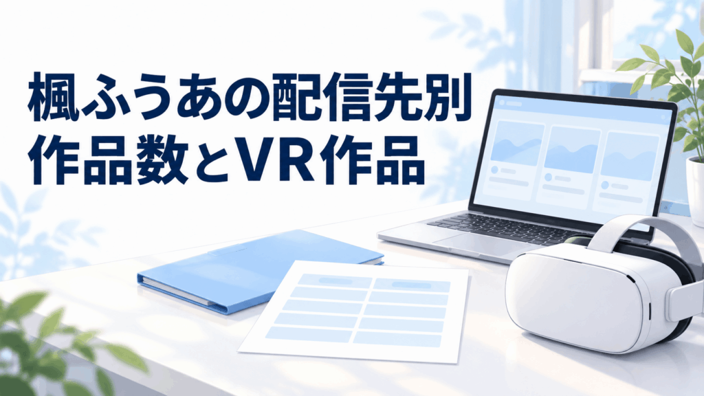楓ふうあの配信先別作品数とVR作品を紹介する、ノートPCと資料、VRヘッドセットのイラスト