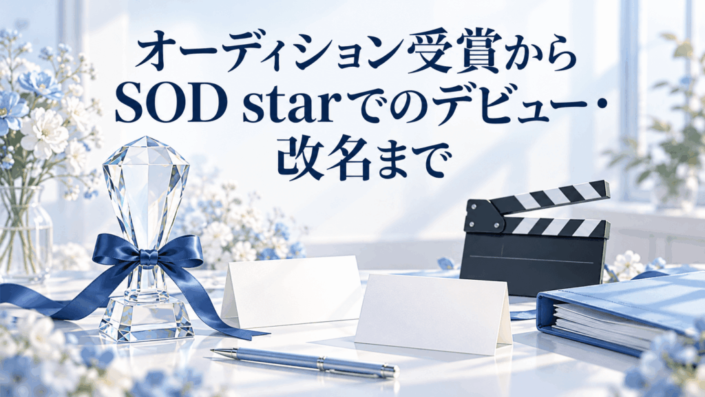 神木麗のオーディション受賞とSOD starでのデビュー・改名をイメージしたトロフィー・ネームカード・カチンコのイラスト
